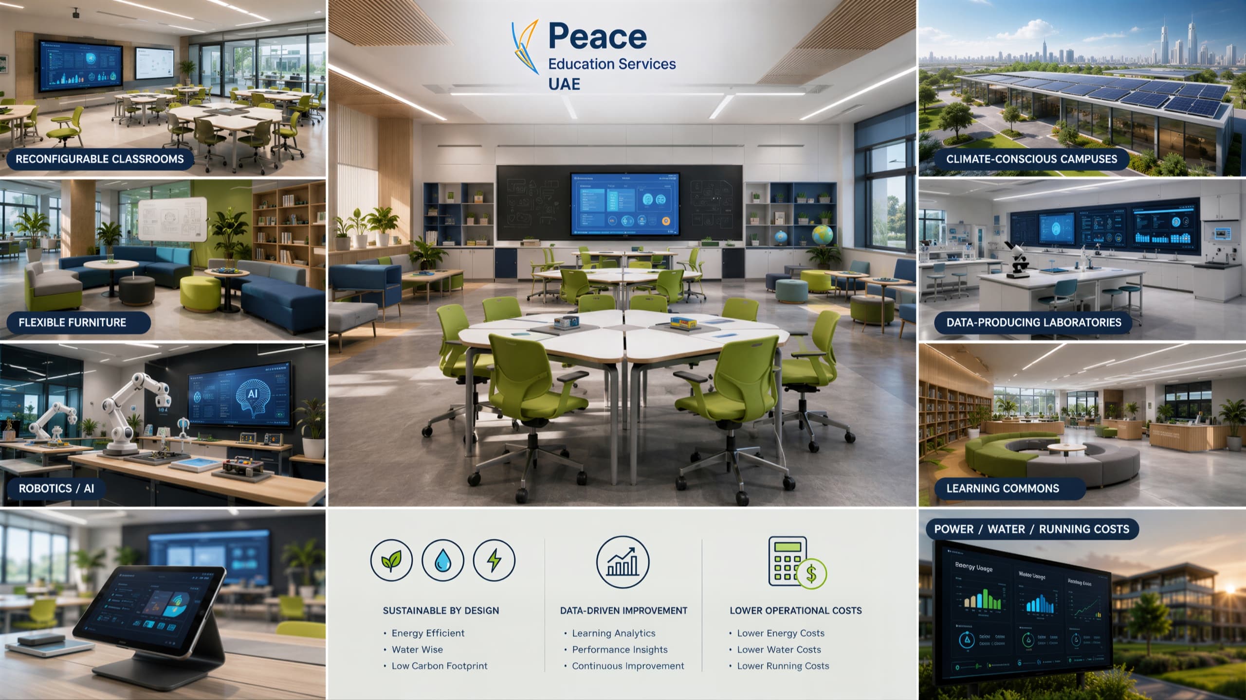 A grid of visualisations: reconfigurable classrooms, flexible furniture, robotics and AI, climate-conscious campuses, data-producing laboratories, learning commons, and the running-cost dashboard behind them