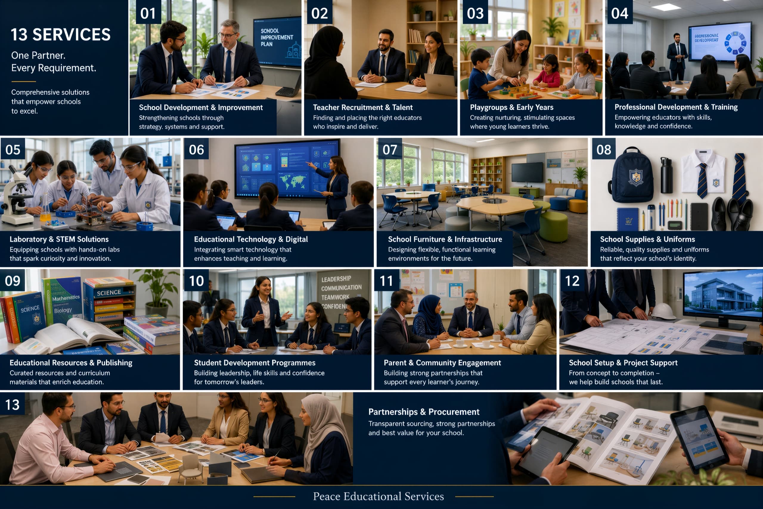The thirteen services set out together on one board, each with a photograph and a one-line description