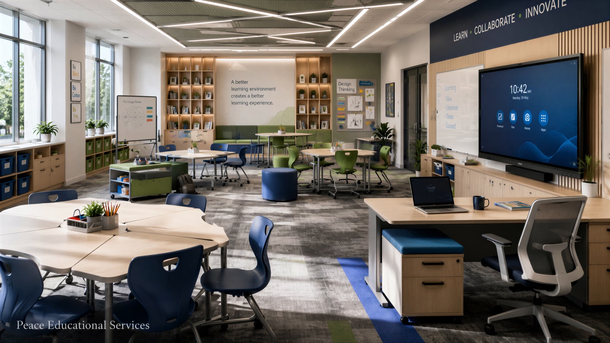 A bright, uncluttered teaching room whose layout is not decided for the teacher