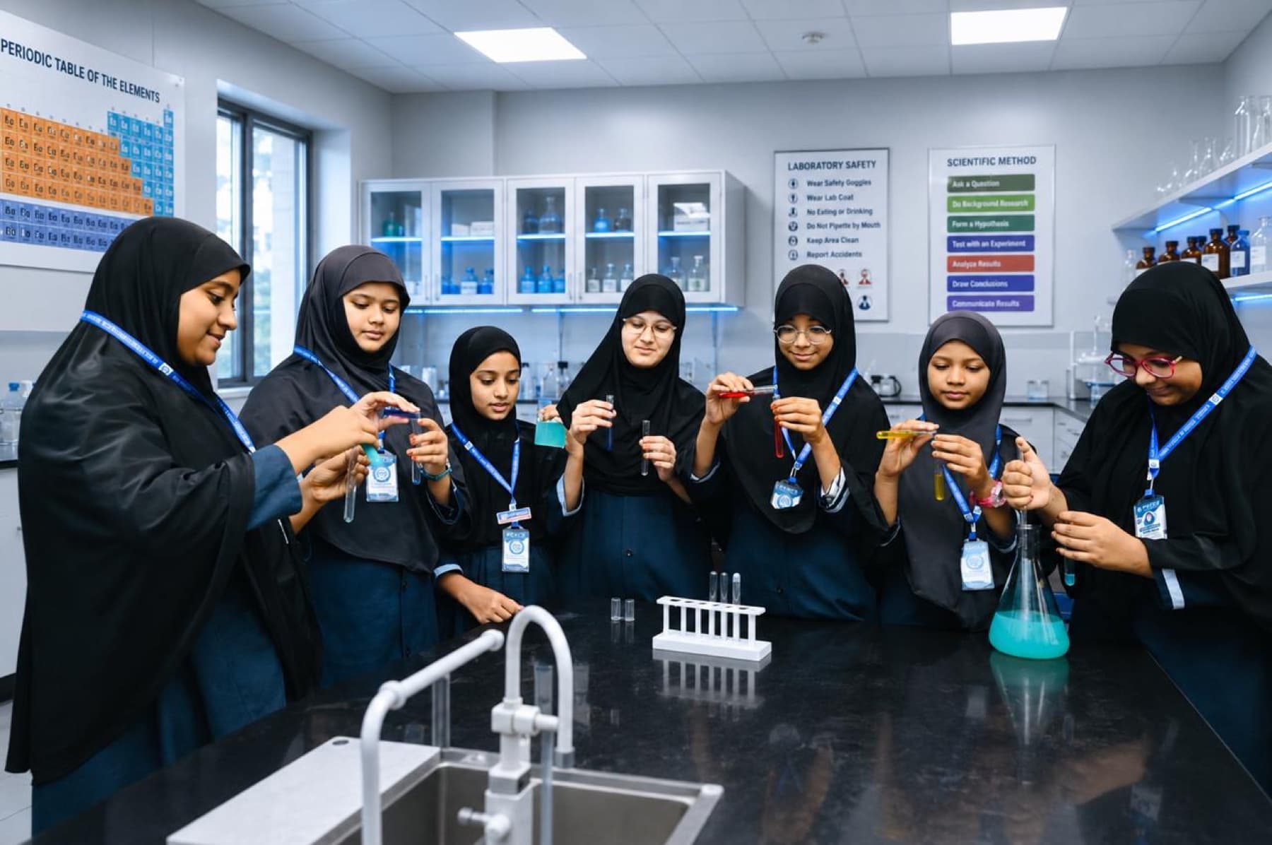 Students working with robotics equipment in a Peace school laboratory